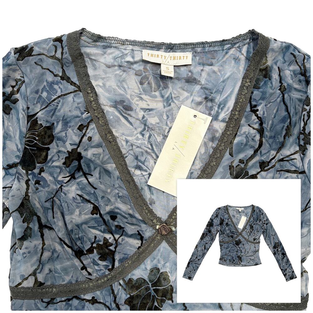 NWT Thirty/Thirty Velvet Burnout Babydoll Top Sz S Blue Green Floral Mesh Fairy